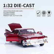 Load image into Gallery viewer, 1:32 Scale Cadillac Alloy Car Model – Pull Back Toy with Doors Open, Lights & Sound, Gift Box Package, 4 Colors (Black/Red/Blue/Pink), Great for Collectors