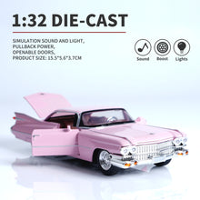 Load image into Gallery viewer, 1:32 Scale Cadillac Alloy Car Model – Pull Back Toy with Doors Open, Lights & Sound, Gift Box Package, 4 Colors (Black/Red/Blue/Pink), Great for Collectors
