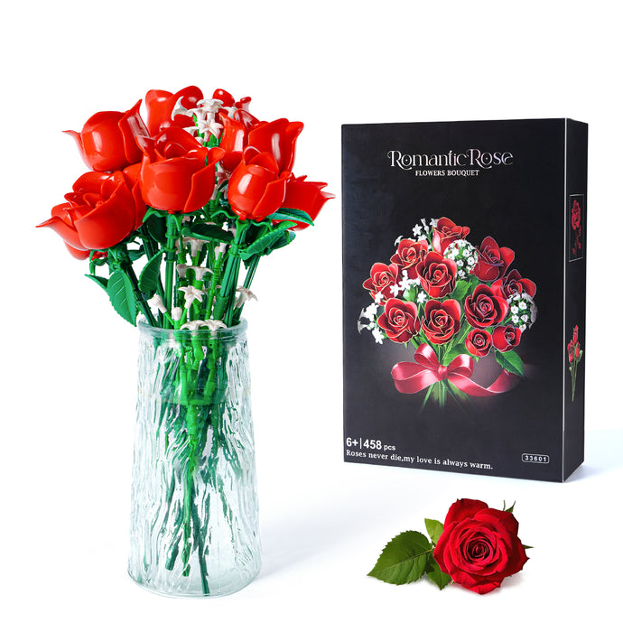 458PCS Valentine's Day red rose building block assembly set, 11 roses and 4 flowers plant flower set, perfect confession bouquet, family everlasting flower ornaments