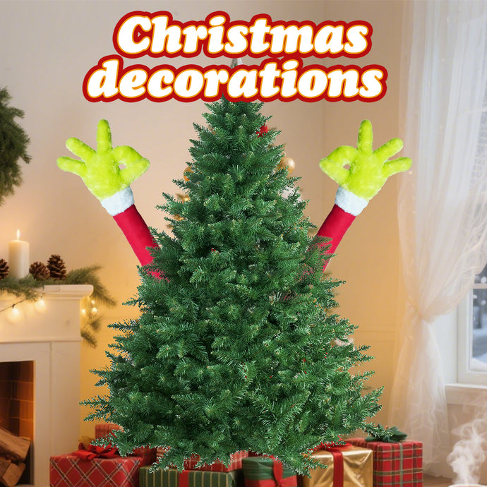 Christmas Elf Body Tree Decorations Arm for Christmas Tree Christmas Furry Green Monster Elf Arms Hand for Christmas Tree Ornaments Xmas Arms Stole Stuffed Stuck Tree Topper Decor