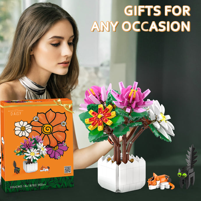 Daisy Flowers Bonsai Building Blocks Kit with Cat Building Set, Chrysanthemum Flower Bouquets for kids and Adults, Flowers Home Decor, Mothers Day, Anniversary and Valentine Gifts for Her or Him