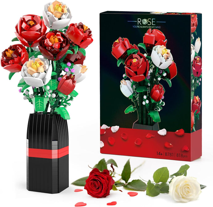 EDUCIRO Flowers Bouquet Building Decoration Set (818 PCS), Christmas, Mother's Day, or Valentine's Gifts Ideal for Women Girls Boys, Roses Toy Building Set with Vase