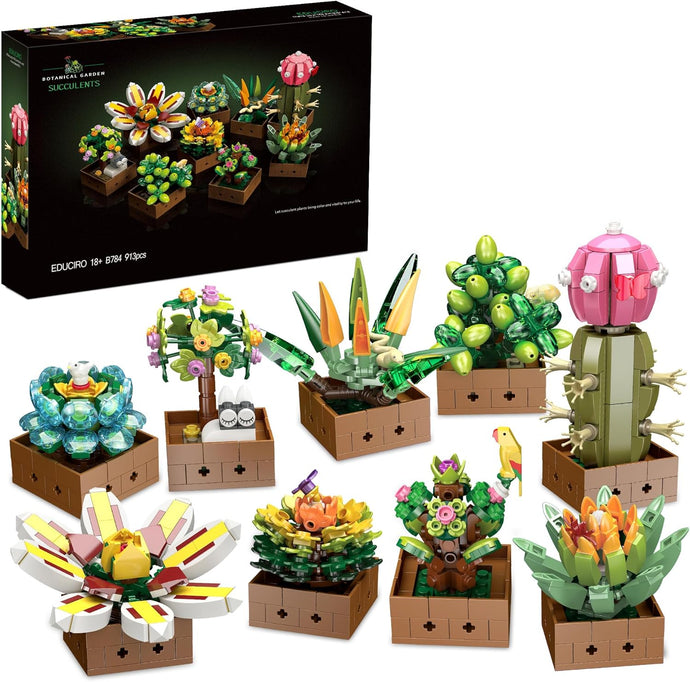 Flower Botanical Bonsai Building Set, Succulent Building Toys Block - 9 Pack, for Home Decor, Valentine's Day, Mother's Day, Christmas for Adults and Kids - 913pcs