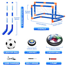 Load image into Gallery viewer, Hover Soccer Ball Set with 2 Goals, USB Rechargeable with LED Light and Inflatable Ball, Air Floating Soccer with Safe Bumper for Indoor Outdoor Sports Ball Game, Football Toy Gift for Kids Boy Girl
