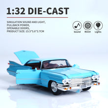 Load image into Gallery viewer, 1:32 Scale Cadillac Alloy Car Model – Pull Back Toy with Doors Open, Lights &amp; Sound, Gift Box Package, 4 Colors (Black/Red/Blue/Pink), Great for Collectors
