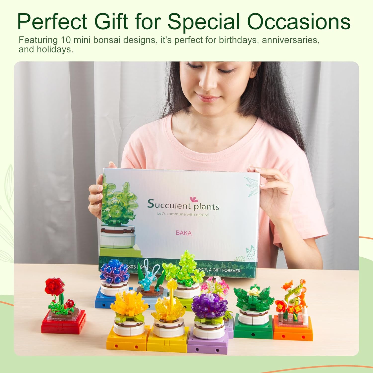 BAKA Succulents Flowers Building Sets – 10 Artificial Plants Bonsai for Adults, Home Decor Accessory, Birthday Gift Idea for Her, Him, Wife or Husband （843 Pieces）