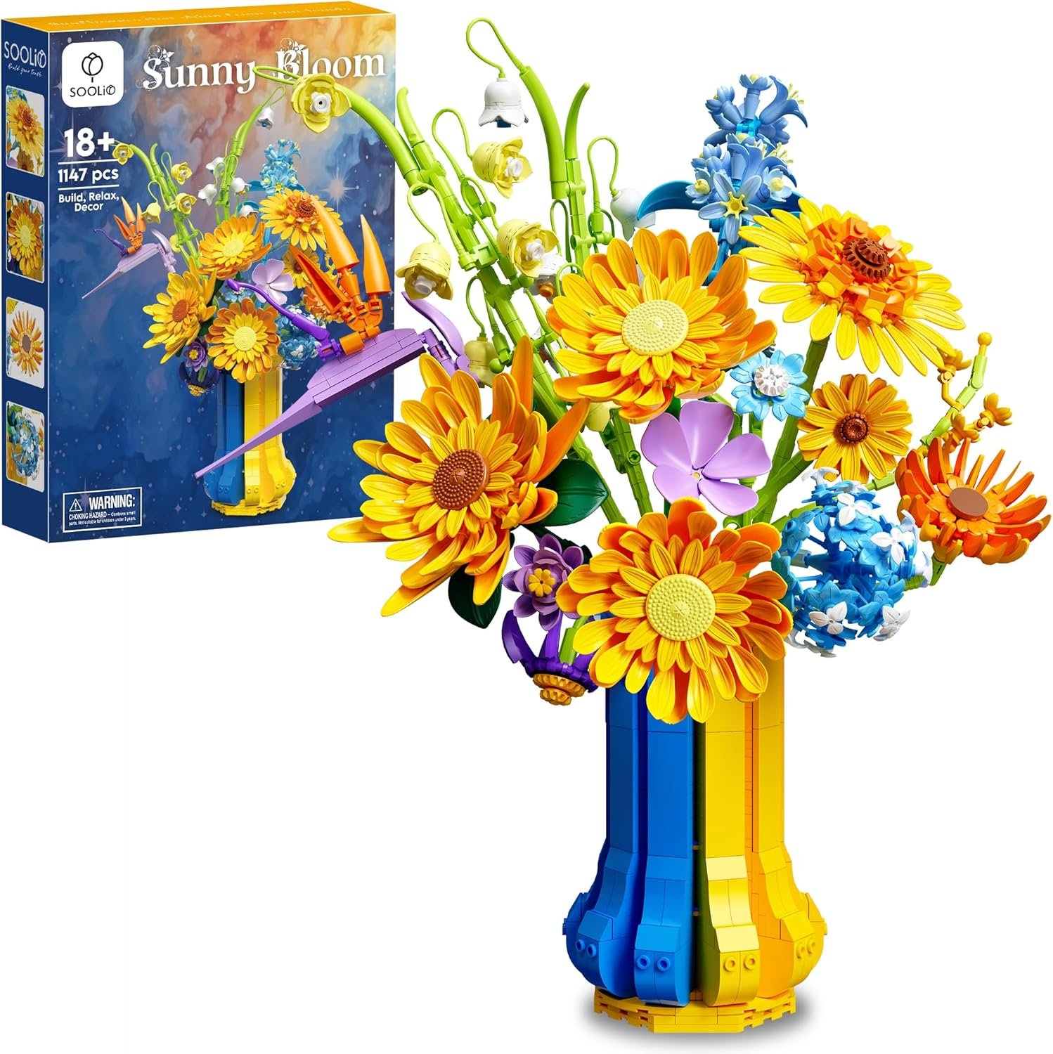 Sunflower Bouquet Building Set with Vase, Gift for Mom Wife Women Girlfriends Adults Couple Teens, Artificial Botanical The Starry Night Flower for Home Office Décor (1147 PCS)