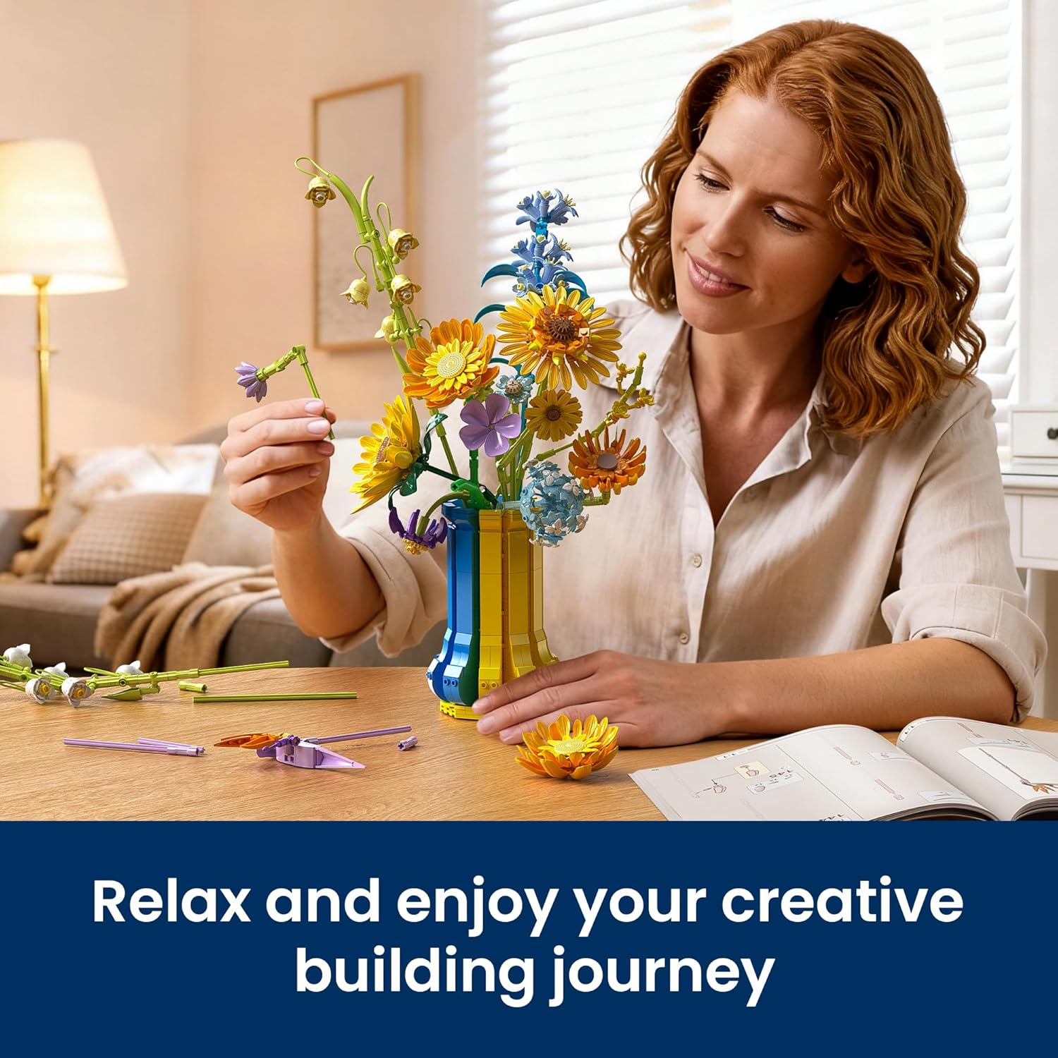 Sunflower Bouquet Building Set with Vase, Gift for Mom Wife Women Girlfriends Adults Couple Teens, Artificial Botanical The Starry Night Flower for Home Office Décor (1147 PCS) - Image 3