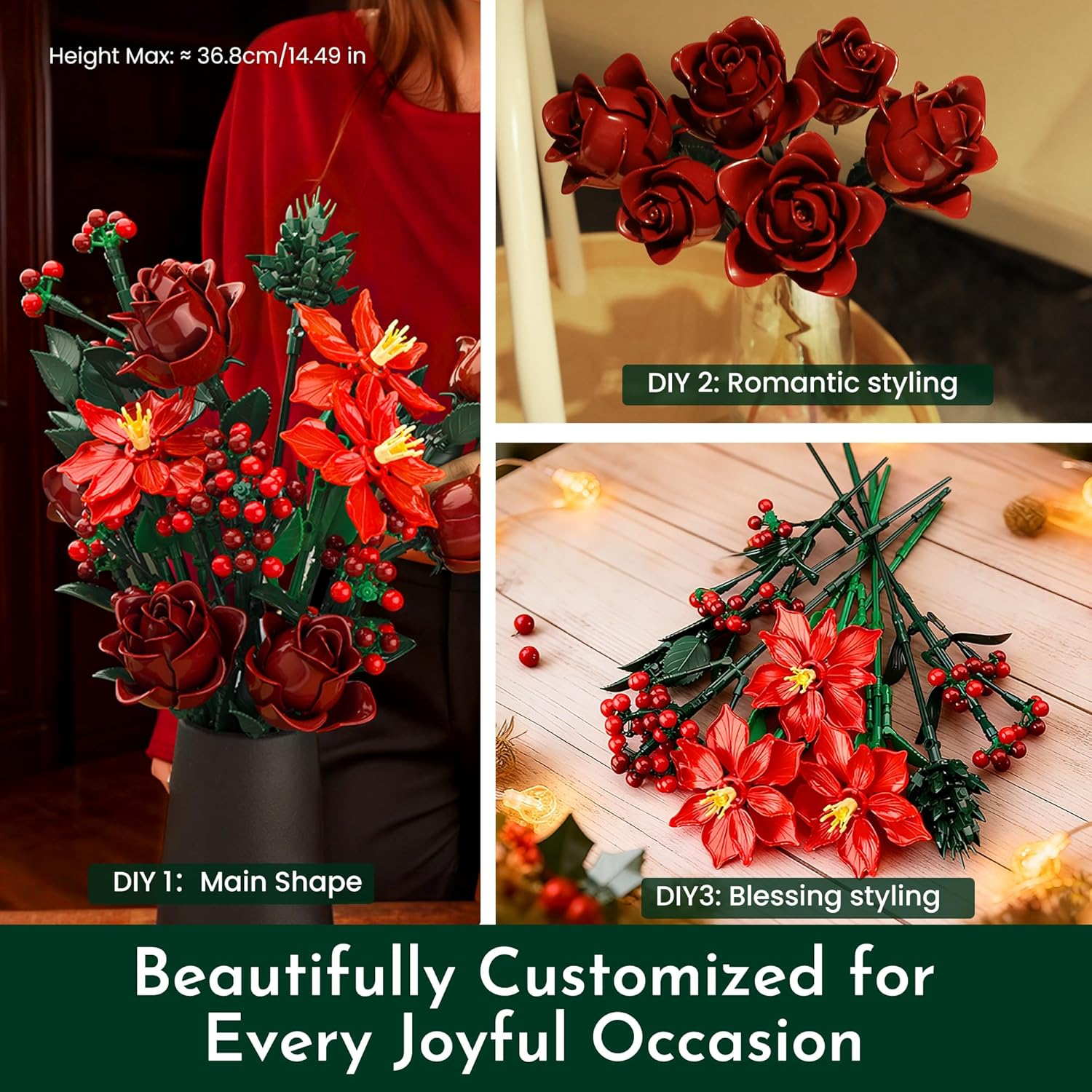 Rose Flower Bouquet Building Set for Adults, Gifts for Mom Wife Women Couple Girlfriend - Buildable Artificial Floral Botanical Decor for Table Centerpiece Desk Office(917 Pcs) - Image 6