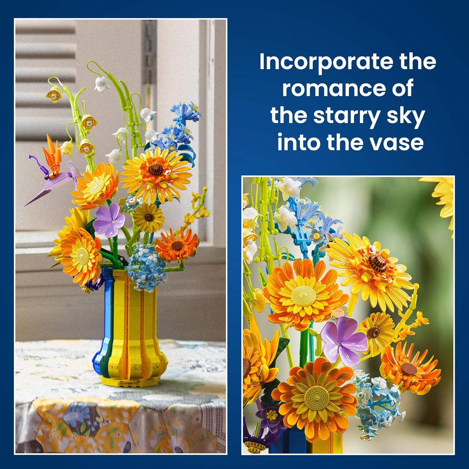 Sunflower Bouquet Building Set with Vase, Gift for Mom Wife Women Girlfriends Adults Couple Teens, Artificial Botanical The Starry Night Flower for Home Office Décor (1147 PCS) - Image 7