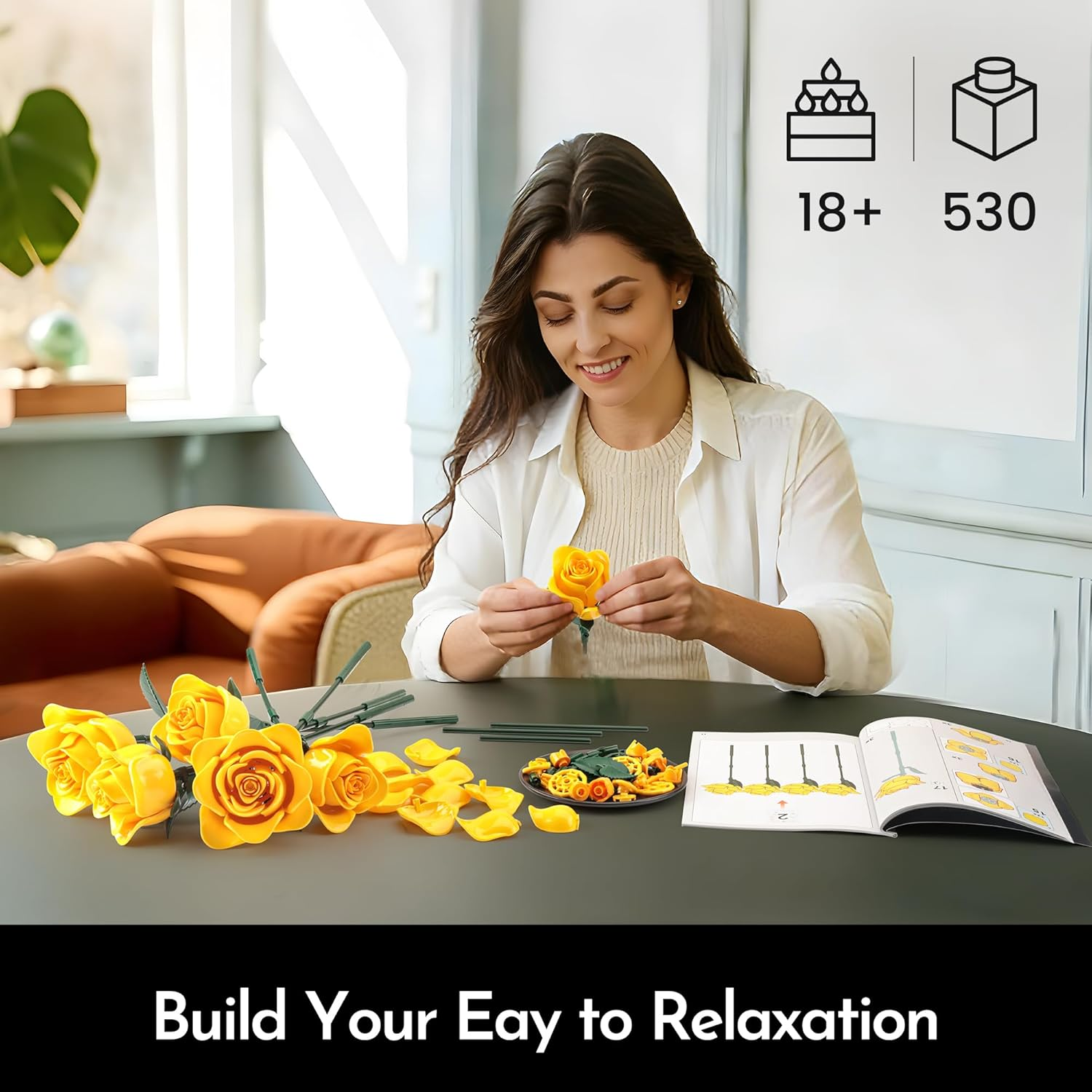 Rose Bouquet Building Set for Adults, Botanical Collection Flower Building Kit, Gothic Home Buildable Décor Anniversary Birthday Gift for Women Teens Girlfriend with 530 PCS - Image 7
