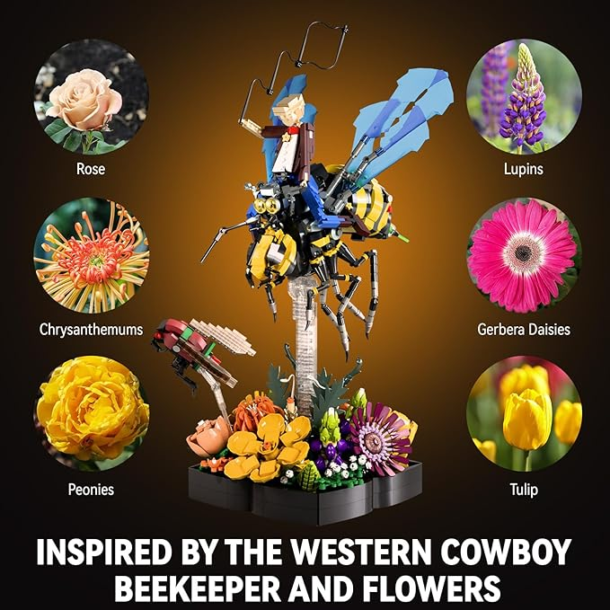 Mibido Bee Cowboy Flower Building Set for Adults Home Decor or Office Display Valentine’s Day Creative Gift Idea for Nature Lovers, MOC Insect Collection and Buildable Floral Model with 1781 Pieces - Image 3