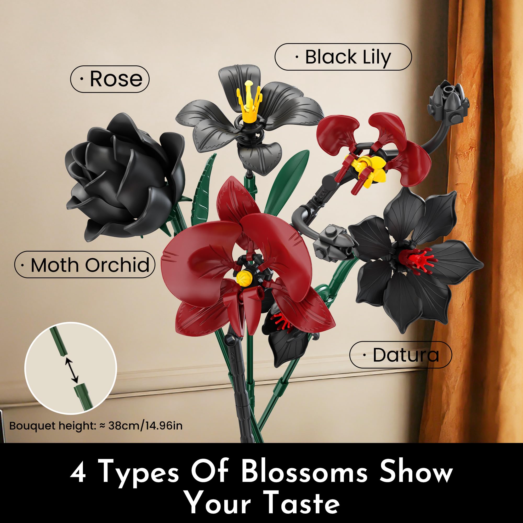 Orchid Flower Bouquet Building Set for Adults, Valentine's Day Gifts for Women Girl Teen, Buildable Artificial Floral Botanical Collection Gothic Decor for Home or Office (623 PCS) - Image 6